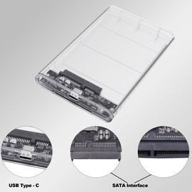 YARCHONN 2.5 Inch SATA External Hard Drive Enclosure USB Type-C to SATA III Tool Free Clear Solid State Drive Case with USB 3.0 Hard Drive Data Cable for 7mm 9.5mm SSD HDD
