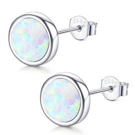 JeweBella 925 Sterling Silver Opal Earrings for Women Girls Plated 18K White Gold Hypoallergenic Opal Stud Earrings for Women Sterling Silver Opal Stud Earrings Silver Jewellery Gift 3MM/6MM/8MM