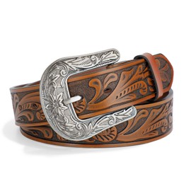 SUOSDEY Western Belt for Women Men Cowboy Cowgirl Leather Belt for Jeans Vintage Engraving Belt with Buckle, C-brown
