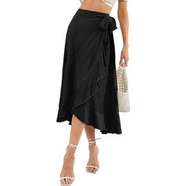 FEOYA Women's High Waisted Tie Wrap Midi Skirts Plain Ruffle Hem Split Maxi Wrap Skirts Casual Summer Beach Long Skirts Black XL