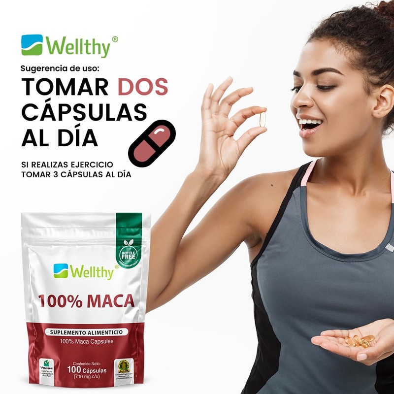 Wellthy Superfoods 100% Maca 100 Cápsulas. 710mg c/u. Maca Premium
