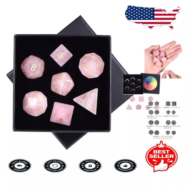 Unbranded Natural Rose Quartz 7 PCS Polyhedral Dice for RPG