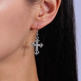 TseenYi CZ Cross Dangle Earrings Gold Filigree Cross Earrings Embossed Cross Drop Earrings Vintage Cross Dangle Earrings Religious Christian Earrings Jewellery for Women and Girls, Zinc