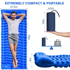 Camping Sleeping Pad with Pillow Built-in Foot Pump Inflatable Sleeping Mat Compact for Camping Backpacking Hiking Traveling - Blue