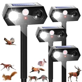 2026 Upgraded Solar Ultrasonic Animal Repellent Deer Deterrent Outdoor Motion Activated with Flash Light Repeller Keep Cat Squirrel Dog Raccoon Skunk Rabbit Away from Yard Garden Lawn 4 Pack