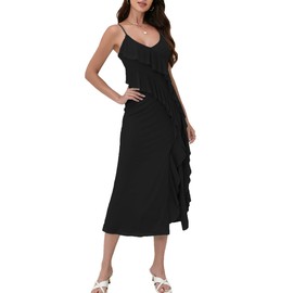 Timathous Women's 2025 Spaghetti Strap Ruffle Side Split Long Dress Elastic Slim Party Maxi Dresses (2419-Black-S)