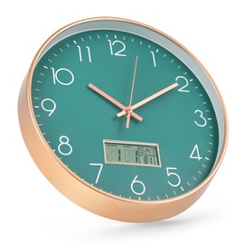 BAKBRAND Wall Clock with LCD Display Non-Ticking Silent Quartz Movement Decor Clock with Perpetual Calendar and Temperature Modern Style Round Wall Clocks for Office/Living Room/Bedroom(Green, 12inch)