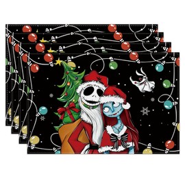 Linen Nightmare Before Christmas Placemats Set of 4 Christmas Table Mats Jack Skeleton and Sally Christmas Xmas Winter Holiday Home Kitchen Dining Room Table Decorations