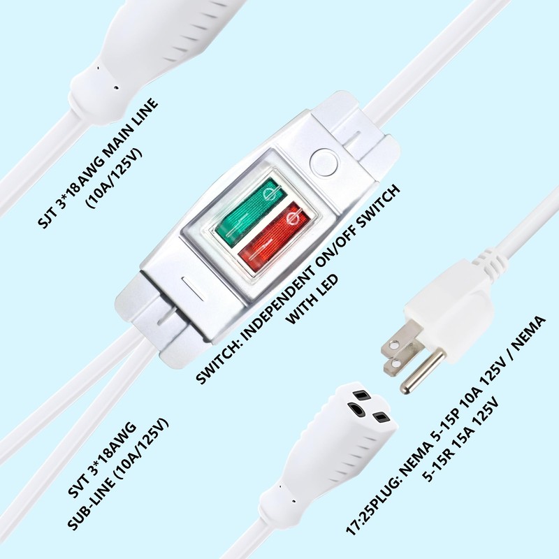 2 Way Extension Cord with On/Off LED Switch, Fiabtool 3