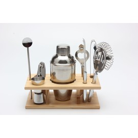 8pcs Stainless Steel Cocktail Shaker Mixer Drinker with Wood Holder Stand Drinking Tool 750ml