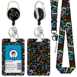 Gamepad Badge Holder with Boys Lanyard, Game ID Badge Holder with Retractable Reel Clip and Keychain, Gamer Vertical Identity Card Cover Case Protector for Nurse Student