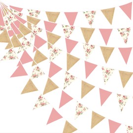 32Ft Dusty Rose Pink Flora Burlap Bunting Banner Party Decoration Flora Linen Triangle Flag Pennant Hessian Garland Streamer for Chic Tea Party Vintage Rustic Birthday Wedding Baby Shower Picnic Decor