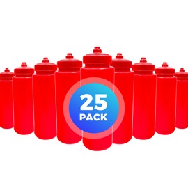 25-Pack, 32 oz Water Bottles, BPA Free Squeeze Bottle, Red Water Bottle with Red Lid, Made in USA by Gary Plastic Packaging