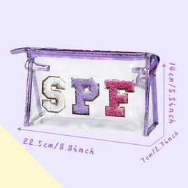 COSHAYSOO Clear Makeup Bag Preppy Sunscreen Zipper Pouch Beach Pool Travel Things Summer Stuff Traveling Cosmetic Toiletry Make Up Essential Gift for Women Teen Girl with Letter Patch Purple SPF