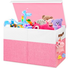 Large Toy Storage Box, Collapsible Sturdy Storage Chest With Lids, Kids Toy Storage Organizer Toddler Bin Boxes, 25"x13"x16" Toy Chest Box Bin Baskets for Living Room, Bedroom, Nursery, White & Pink