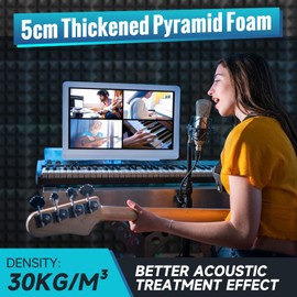Acoustic Foam, Pack of 12 Foam Pyramids with Double-Sided Stickers, 30 x 30 x 5 cm, Podcasts, Recording Studios, Offices, Home Theatre, Acoustic Foam Mats (Black)