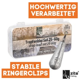 Zite Fishing Tropfenblei Set 14 Stück | Birnenblei Sortiment 25-60 g | Angelblei Grundblei für Süß- und Salzwasser | Robuste Sortierbox inklusive