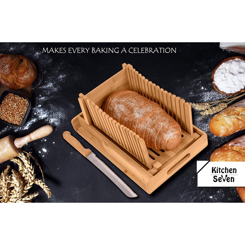 Kitchen Seven Bamboo Bread Slicer with Crumb Tray Bamboo Bread