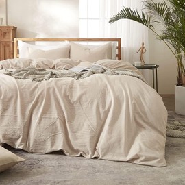 Lanqinglv Bed Linen Set, 100% Cotton, Beige, Plain, Renforce Duvet Cover with Zip, 155 cm x 220 cm, and 1 Pillowcase, 80 x 80 cm
