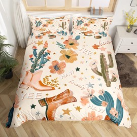 Cowboy Duvet Cover Single Size,Cowboy Boots Comforter Cover for Kids Teens Adults Bedroom Decor,Wild West Cactus Flower Cowgirl Bedding Set 1 Pillowcase,No Comforter