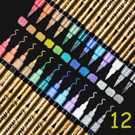 AOSUCO Metallic Pens - 12 Colours Dual Tip Metallic Marker Pens Set for Photo Album for DIY Guest Book Birthday Guest Book Wedding Scrapbook Black Paper Stones Wood Painting