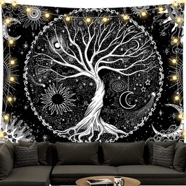 Tapestry Wall Hanging, Black and White Tree of Life Tapestries Moon Phases Tapestry for Living Room Bedspread Room Bedroom (L/150 x 200 cm)