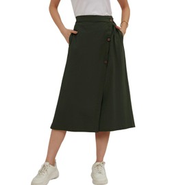 CHARTOU Women's Summer Linen Elastic Back Buttoned Swing Midi A Line Skirt (Large,Army Green)