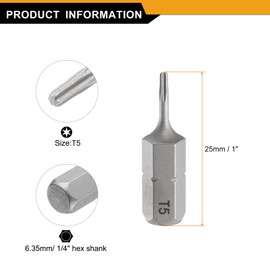 HARFINGTON 10pcs T5 Torx Screwdriver Bit 1/4" Hex Shank 25mm/1" Length Magnetic Star 6 Point Head S2 Steel Screw Driver Bit