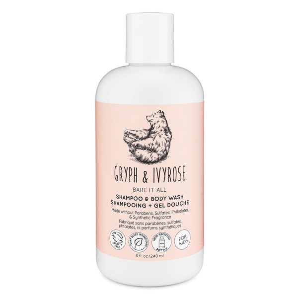 Gryph & IvyRose Bare It All 2-in-1 Shampoo & Kids Body Wash - All Natural, Sustainable, Cruelty Free, No Parabens, No Sulfates, Vegan - USA Made - 8oz