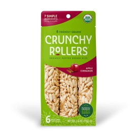 Friendly Grains - Crunchy Rollers - Organic Rice Snacks, Crispy Puffed Rice Rolls, Healthy Snack Rolls for Adults and Kids - Apple Cinnamon (4 packs of 6)