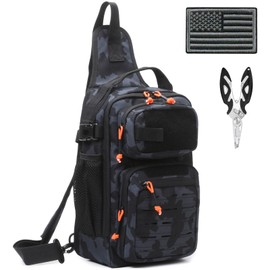 AOCMPXS Fishing Backpack, 12L Tackle Storage Sling Bag Lightweight Tactical Shoulder Backpack Tool Bag with US Flag Patch and Fishing Plier (1 Pack Black Camo)