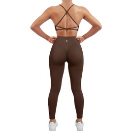 SUUKSESS Women Seamless 2 piece Workout Sets Strappy Padded Sports Bra Booty High Waisted Leggings Outfits (Deep Brown,M)