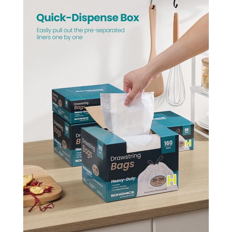 SONGMICS Trash Bags for 8-Gallon (30 L) Trash Cans, Drawstring