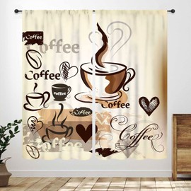 Coffee Curtains, Retro Rustic Farmhouse Cafe Theme Latte Tea Cup Kitchen Window Treatment Drapes, Vintage Brown Curtains for Cafe Restaurant Living Room 2 Piece Set, 42X45 Inch