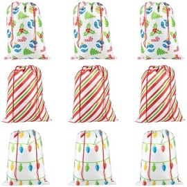 Fun Express Assorted Designs Jumbo Christmas Nonwoven Polyester Drawstring Bags (6 Pcs.) - Perfect for Holiday Party Favors, Event Gift Bags, & More