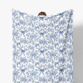 Kemingni Coquette Chinoiserie Blue Bow Floral Throw Blanket, Coquette Room Decor, Grandmillennial Blue and White Floral Blankets for Couch Bed Living Room Bedroom, Chinoiserie Home Decor, 50x60 Inches