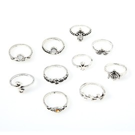 LEEQBCR 9 pieces vintage star ring set silver angel wings knuckle ring letters stackable ring women girls