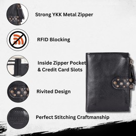 VILENCA HOLLAND Genuine Italian Leather Boho Studded Bifold Wallet – Zipper Coin Purse & Credit Card Holder for Women (Black)