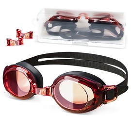 Airoads Shortsighted Swim Goggles Leakproof Anti-Fog UV Protection Swimming Goggles Designed for Nearsighted Adults Women Men and Youth with 3 Adjustable Nose Bridges (Black & Red, -4)