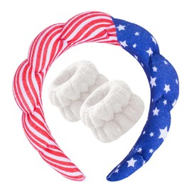 Beleki Spa Headband for Washing Face Wristband Set 4th of July Sponge Makeup Skincare Headband Terry Cloth Bubble Puffy Hairband Headwear Patriotic Hair Accessory for Women - American Flag
