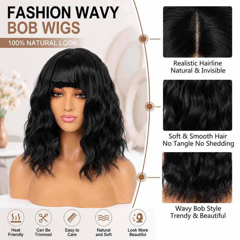 Black Short Bob Wavy Wig with Bangs for Women 14inch