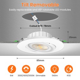 ALUSSO 230 V LED Recessed Spotlight, 76 mm, 6 W Tilt, Flat, 3CCT Spotlights, Warm White, 3000 K, Natural White, 4000 K, Cool White, 6500 K, Removable Recessed Spotlight, Dimmable for Kitchen, Living