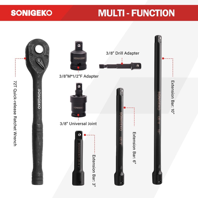SONIGEKO Socket Set 3/8" Impact Socket Set,67-Piece Metric and Sae