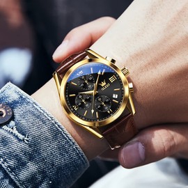 OLEVS Brown Mens Watch Gold Tone Steel Case Leather Band Watches Waterproof Analog Quartz Watch for Men Black Dial Date Calendar Sport Wristwatch with Battery Leather Band Watches for Men