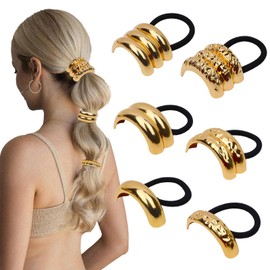 TIOSRU 6PCS Gold Hair Ties for Women Gold Ponytail Hair Cuff Metal Hair Ties for Thick Thin Hair Blonde Ponytail Holders Fashion Hair Accessories for Women
