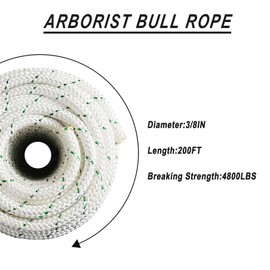 labworkauto 3/8 inch Arborist Bull Rope 4800Lbs Breaking Strength 200 Feet New Braided Polyester Rope