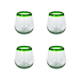 Stemless Wine Glass, Green Rim, Set of 4, 11 oz, Hand Blown by Mexican Artisans from 100% Recycled Cola Bottles, Eco-Friendly, Sustainable, Expert Craftsmanship, passed down through Generations