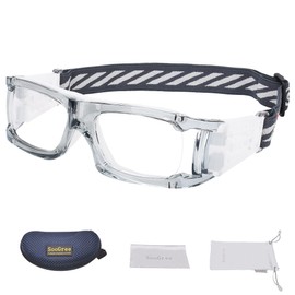 SooGree Gafas deportivas – Gafas de raquetbol protectoras para hombres y mujeres con amortiguación y antivaho con correa ajustable (marco gris almohadilla blanca)