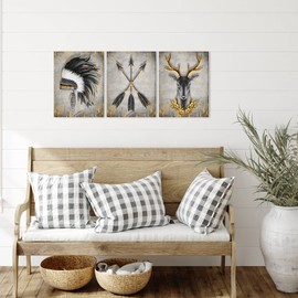 Kalormore Black White and Golden Indian Pictures Native American Chief Headdress Arrow Deer Canvas Wall Art Wildlife Safari Painting Vintage Artwork for Home Living Room Bedroom Bathroom (12x16x3)