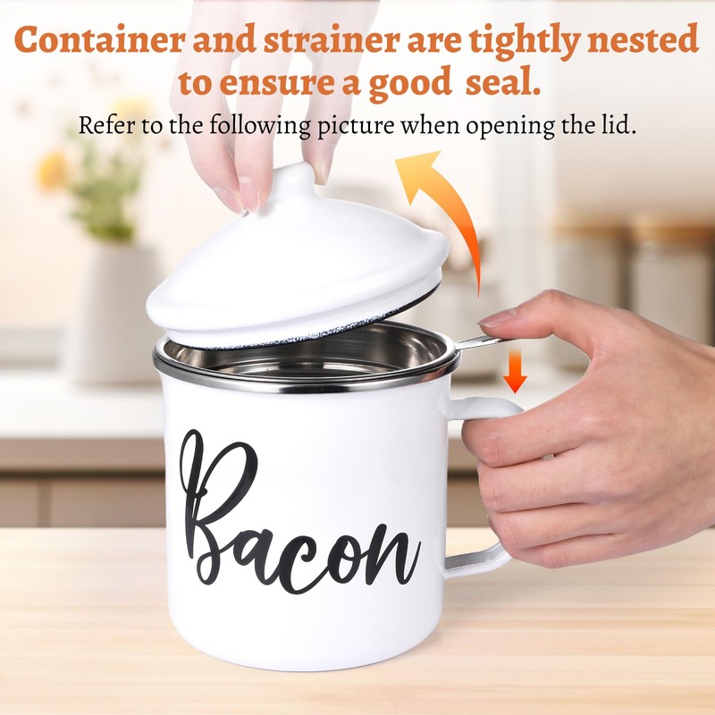 Bacon Grease Saver with Strainer - 15oz Enamel Grease Container,